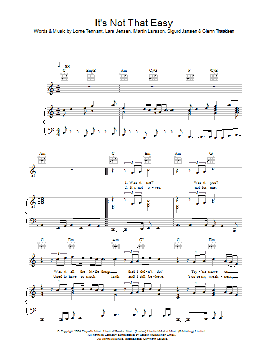 Learn to play Lemar It's Not That Easy sheet music for Piano, Vocal & Guitar Chords in minutes. Price: 7.8900$ Lemar It's Not That Easy sheet music notes and chords arranged for Piano, Vocal & Guitar Chords