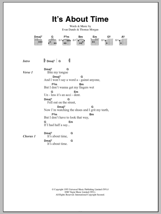 Learn to play The Lemonheads It's About Time sheet music for Guitar Chords/Lyrics in minutes. Price: 4.4900$ The Lemonheads It's About Time sheet music notes and chords arranged for Guitar Chords/Lyrics