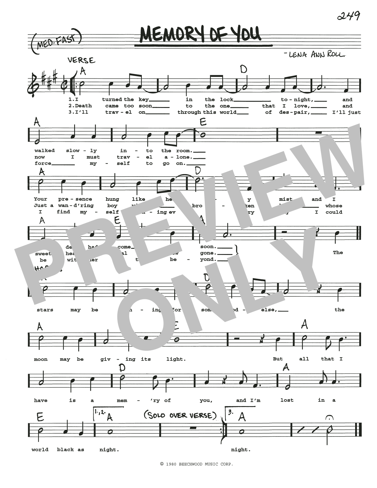 Lena Ann Roll Memory Of You sheet music notes and chords arranged for Real Book – Melody, Lyrics & Chords