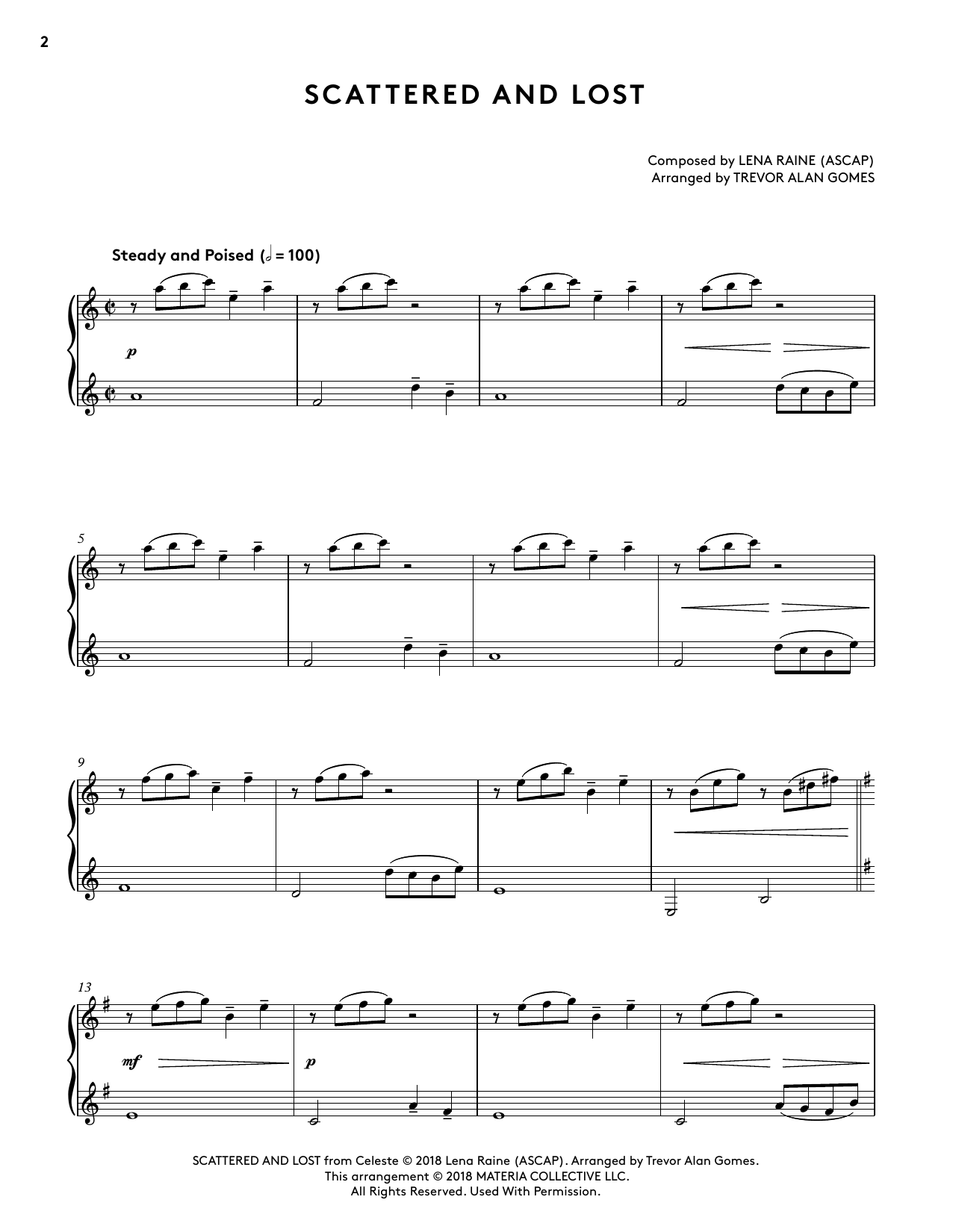 Lena Raine Scattered And Lost (from Celeste Piano Collections) (arr. Trevor Alan Gomes) sheet music notes and chords arranged for Piano Solo