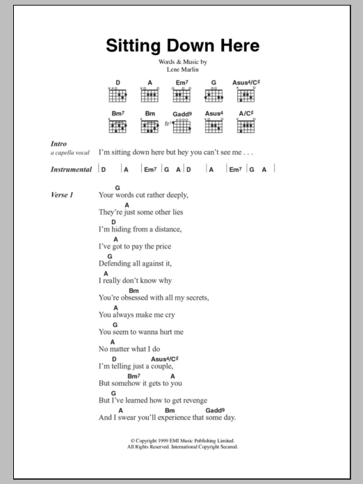 Lene Marlin Sitting Down Here sheet music notes and chords. Download Printable PDF.