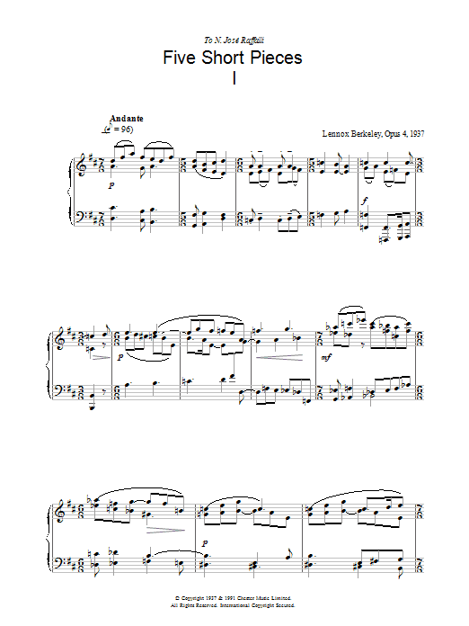 Learn to play Lennox Berkeley Five Short Pieces, No.1, Op.4 sheet music for Piano Solo in minutes. Price: 7.8900$ Lennox Berkeley Five Short Pieces, No.1, Op.4 sheet music notes and chords arranged for Piano Solo
