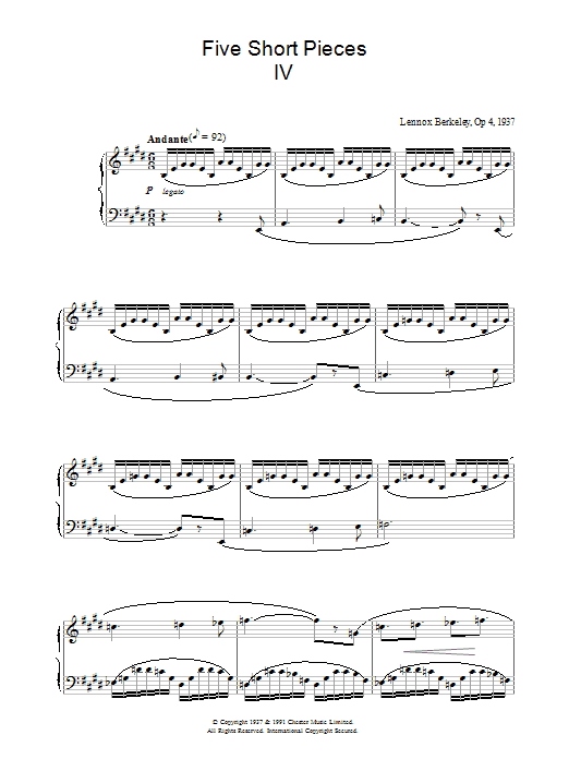 Learn to play Lennox Berkeley Five Short Pieces, No.4, Op.4 sheet music for Piano Solo in minutes. Price: 7.8900$ Lennox Berkeley Five Short Pieces, No.4, Op.4 sheet music notes and chords arranged for Piano Solo