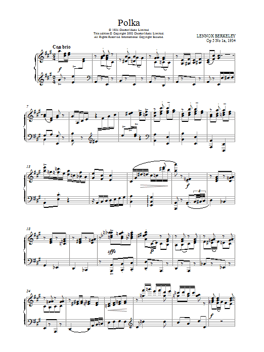 Learn to play Lennox Berkeley Polka, Op.5 No.1a sheet music for Piano, Vocal & Guitar Chords in minutes. Price: 7.8900$ Lennox Berkeley Polka, Op.5 No.1a sheet music notes and chords arranged for Piano, Vocal & Guitar Chords