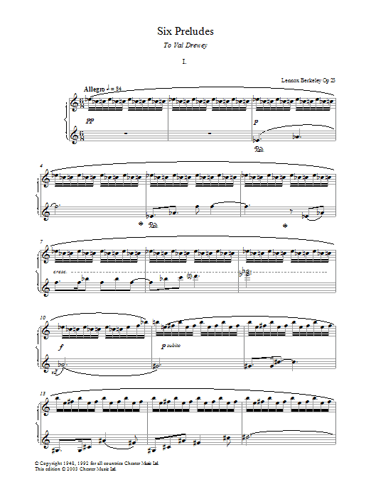 Learn to play Lennox Berkeley Prelude No. 1 (from Six Preludes) sheet music for Piano Solo in minutes. Price: 7.8900$ Lennox Berkeley Prelude No. 1 (from Six Preludes) sheet music notes and chords arranged for Piano Solo