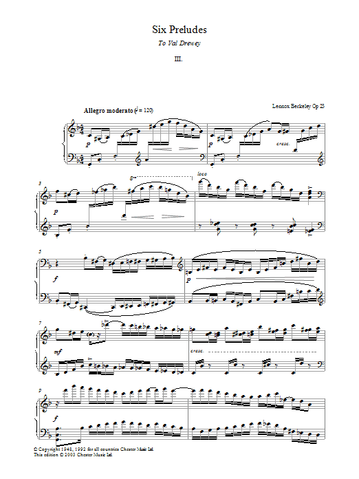 Learn to play Lennox Berkeley Prelude No. 3 (from Six Preludes) sheet music for Piano Solo in minutes. Price: 7.8900$ Lennox Berkeley Prelude No. 3 (from Six Preludes) sheet music notes and chords arranged for Piano Solo
