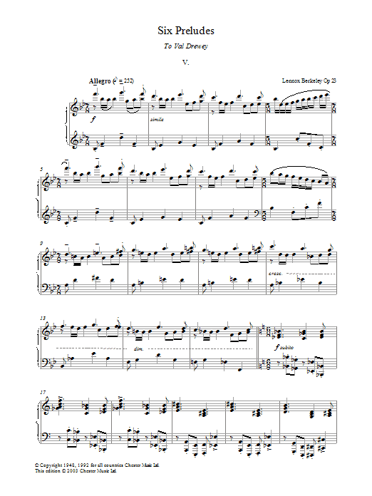 Learn to play Lennox Berkeley Prelude No. 5 (from Six Preludes) sheet music for Piano Solo in minutes. Price: 7.8900$ Lennox Berkeley Prelude No. 5 (from Six Preludes) sheet music notes and chords arranged for Piano Solo