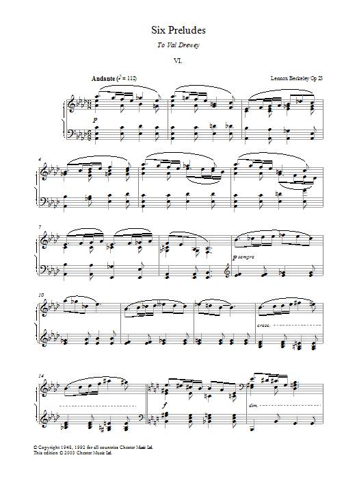 Learn to play Lennox Berkeley Prelude No. 6 (from Six Preludes) sheet music for Piano Solo in minutes. Price: 7.8900$ Lennox Berkeley Prelude No. 6 (from Six Preludes) sheet music notes and chords arranged for Piano Solo