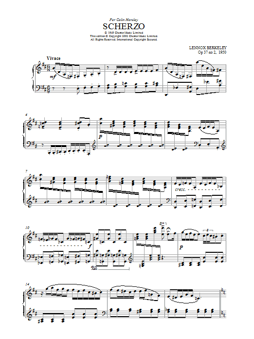 Learn to play Lennox Berkeley Scherzo sheet music for Piano, Vocal & Guitar Chords in minutes. Price: 7.8900$ Lennox Berkeley Scherzo sheet music notes and chords arranged for Piano, Vocal & Guitar Chords