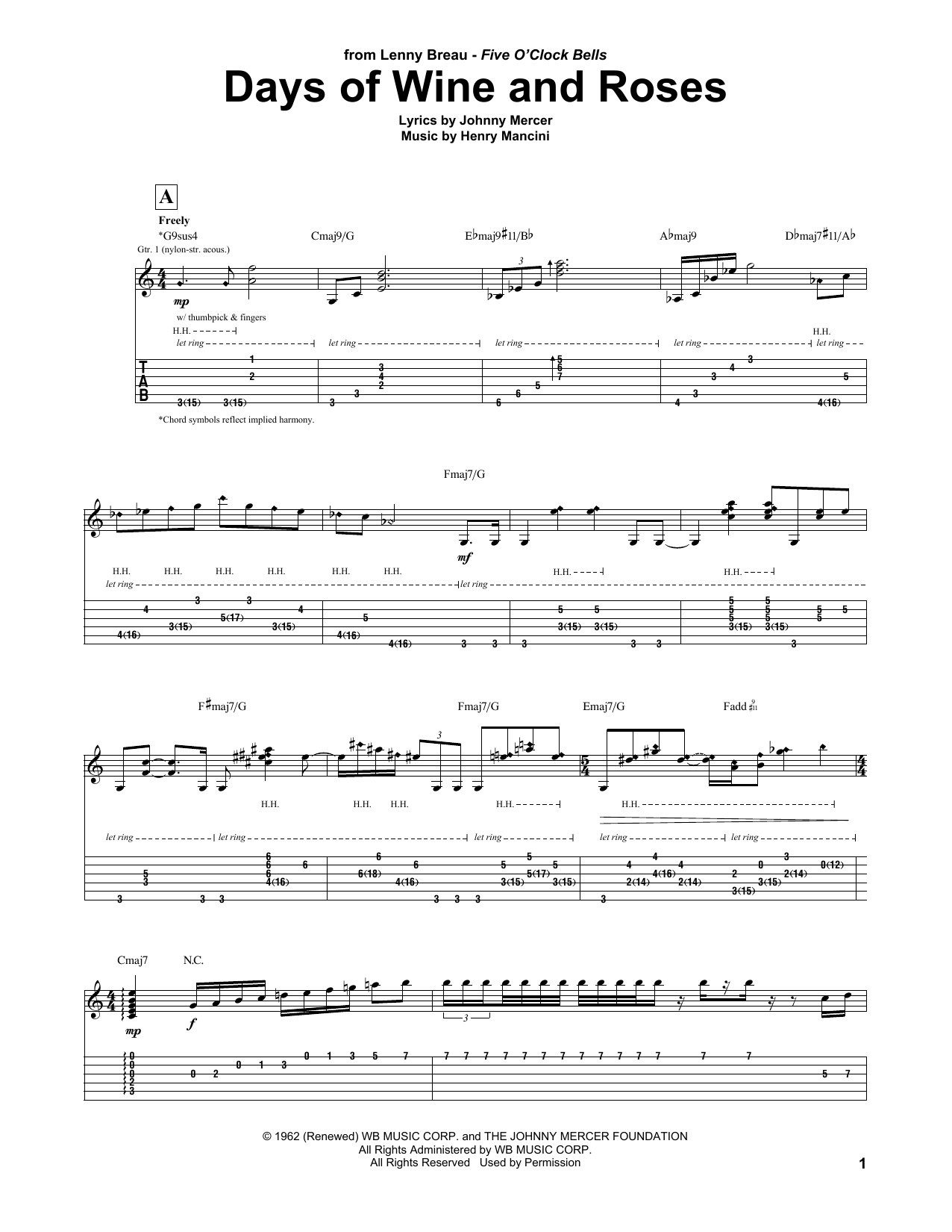 Learn to play Lenny Breau Days Of Wine And Roses sheet music for Guitar Tab in minutes. Price: 7.8900$ Lenny Breau Days Of Wine And Roses sheet music notes and chords arranged for Guitar Tab