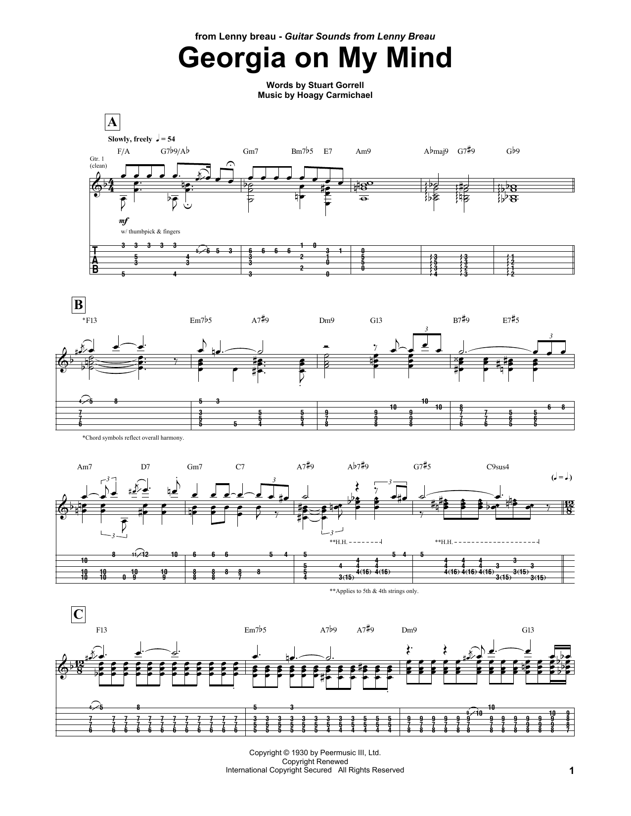 Lenny Breau Georgia On My Mind sheet music notes and chords. Download Printable PDF.