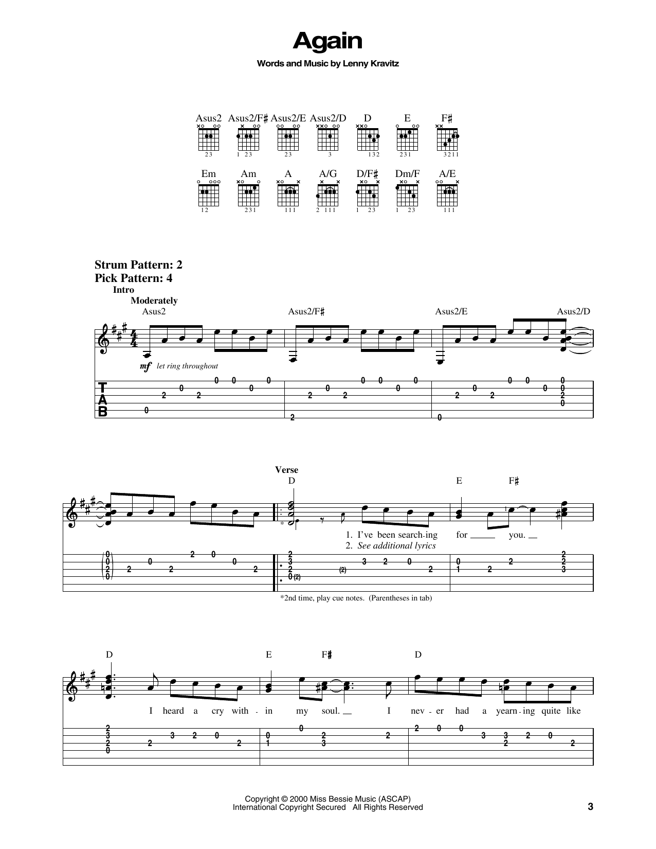 Lenny Kravitz Again sheet music notes and chords. Download Printable PDF.