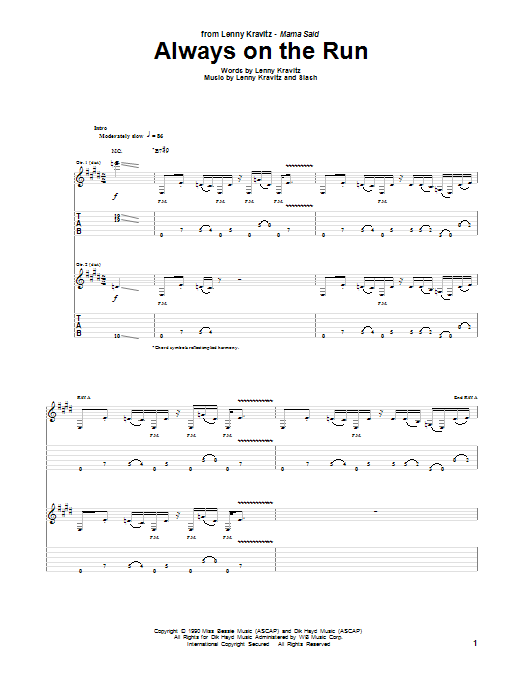 Lenny Kravitz Always On The Run sheet music notes and chords. Download Printable PDF.