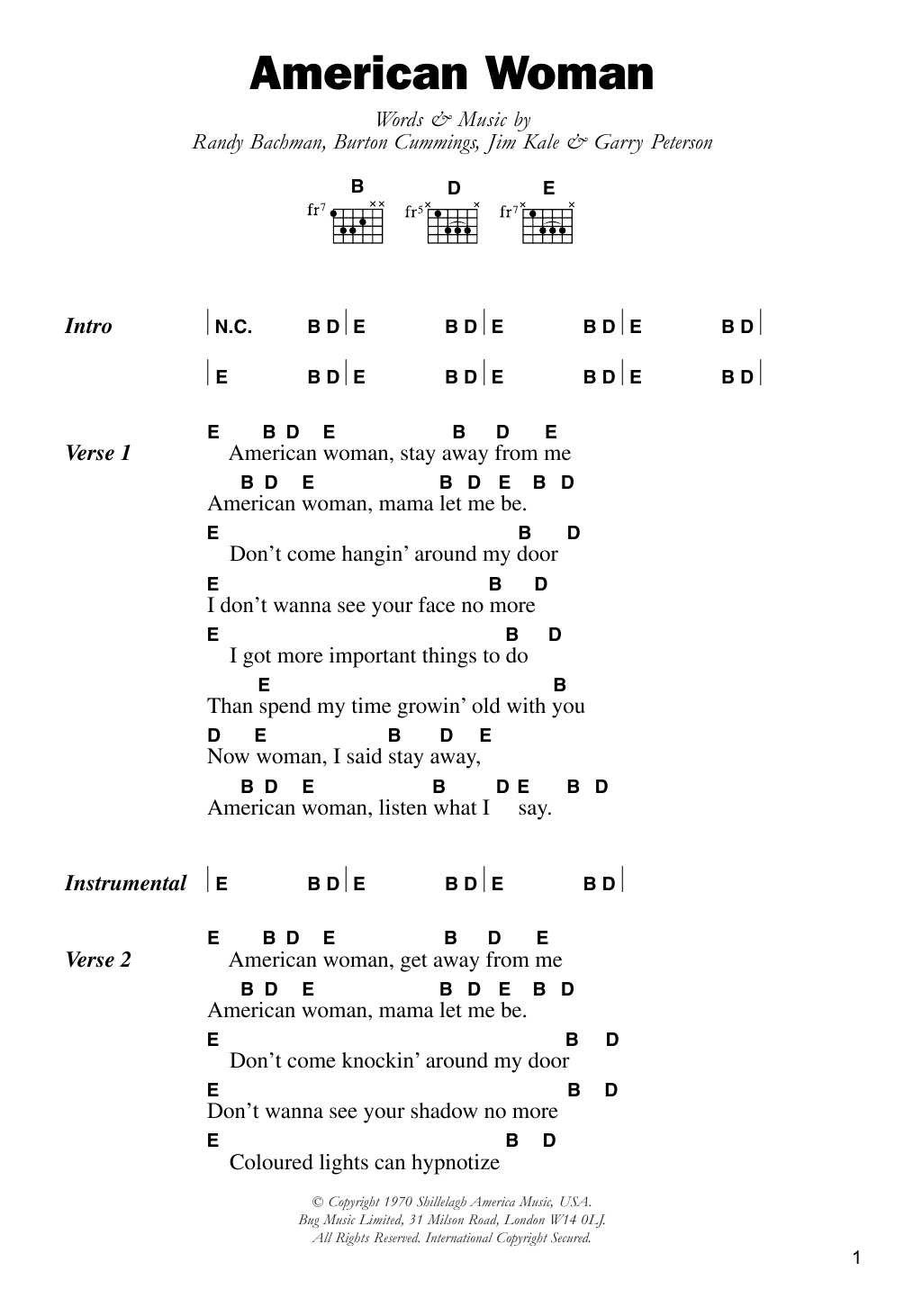 Lenny Kravitz American Woman sheet music notes and chords. Download Printable PDF.