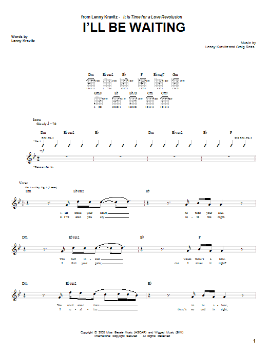 Lenny Kravitz I'll Be Waiting sheet music notes and chords. Download Printable PDF.