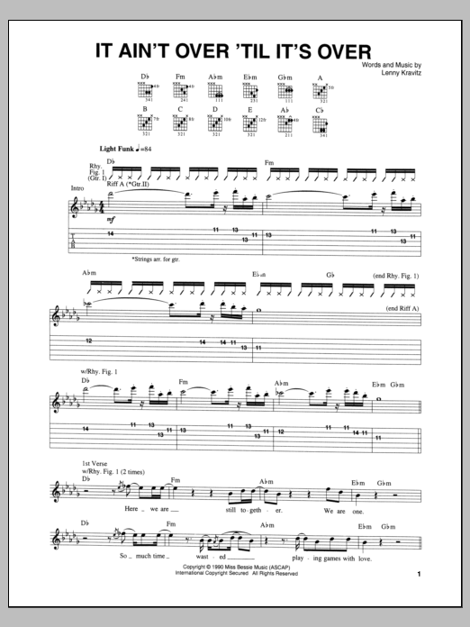 Lenny Kravitz It Ain't Over 'Til It's Over sheet music notes and chords arranged for Guitar Tab