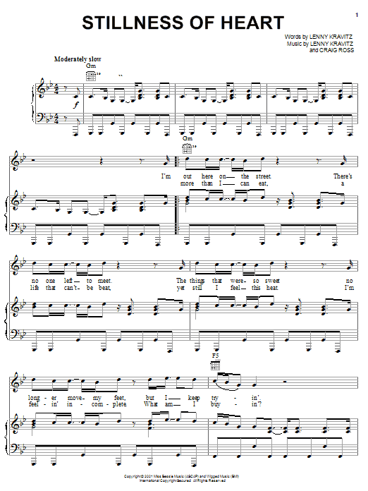 Learn to play Lenny Kravitz Stillness Of Heart sheet music for Piano, Vocal & Guitar Chords (Right-Hand Melody) in minutes. Price: 7.8900$ Lenny Kravitz Stillness Of Heart sheet music notes and chords arranged for Piano, Vocal & Guitar Chords (Right-Hand Melody)