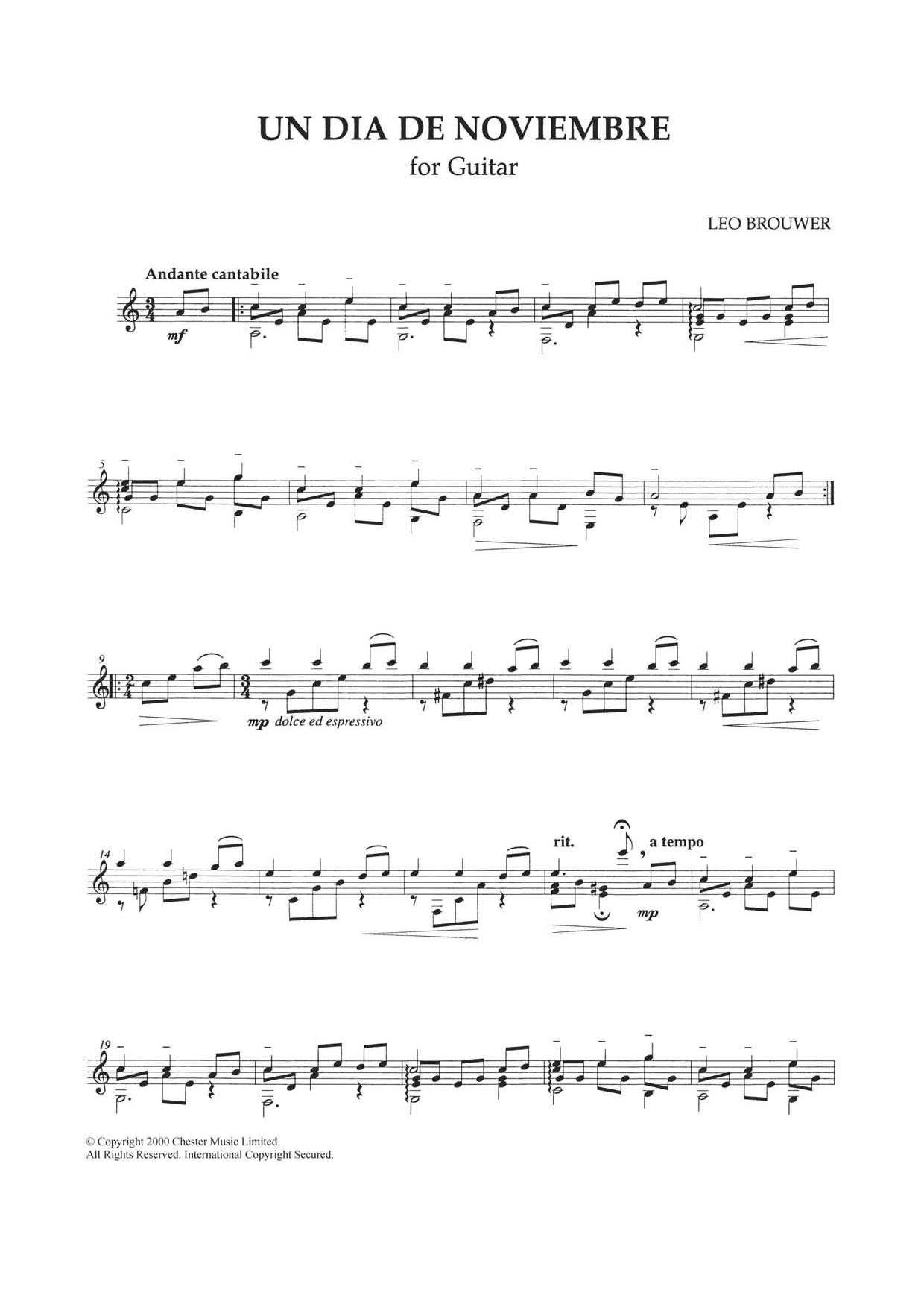 Leo Brouwer Un Dia De Noviembre sheet music notes and chords. Download Printable PDF.