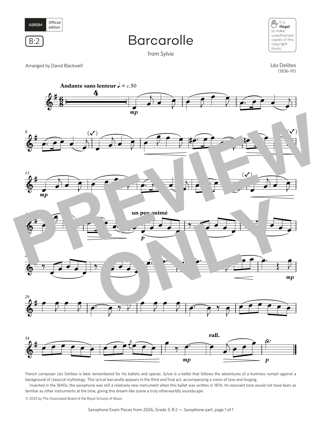 Learn to play Léo Delibes Barcarolle (Grade 3, list B2, from the ABRSM Saxophone Syllabus from 2026) sheet music for Alto Sax Solo in minutes. Price: 5.9900$ Léo Delibes Barcarolle (Grade 3, list B2, from the ABRSM Saxophone Syllabus from 2026) sheet music notes and chords arranged for Alto Sax Solo