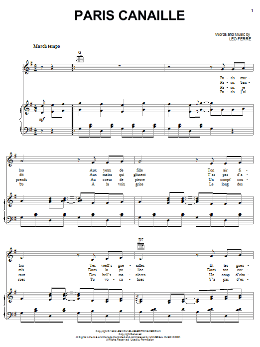 Leo Ferre Paris Canaille sheet music notes and chords arranged for Piano, Vocal & Guitar Chords (Right-Hand Melody)