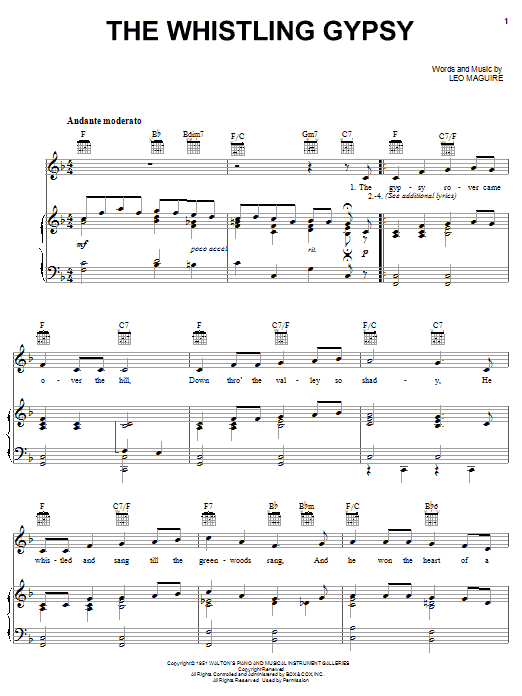 Learn to play Leo Maguire The Whistling Gypsy sheet music for Piano, Vocal & Guitar Chords (Right-Hand Melody) in minutes. Price: 7.8900$ Leo Maguire The Whistling Gypsy sheet music notes and chords arranged for Piano, Vocal & Guitar Chords (Right-Hand Melody)