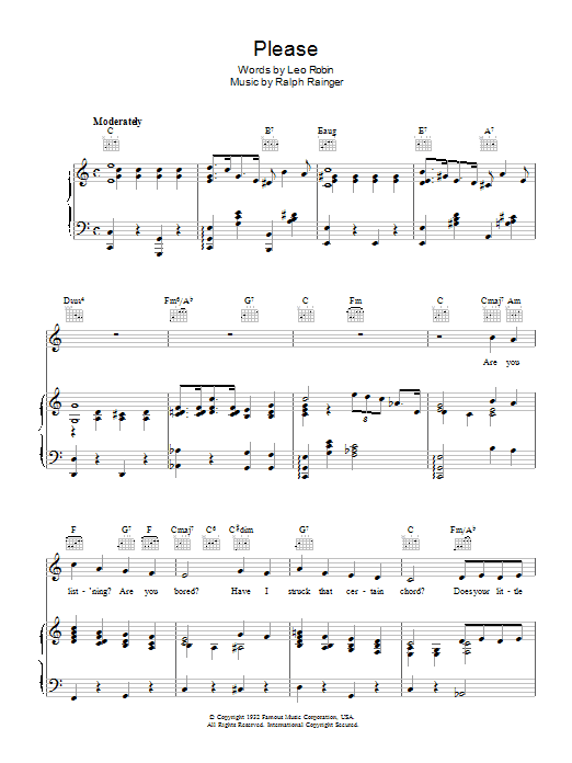 Learn to play Leo Robin Please sheet music for Piano, Vocal & Guitar Chords in minutes. Price: 7.8900$ Leo Robin Please sheet music notes and chords arranged for Piano, Vocal & Guitar Chords