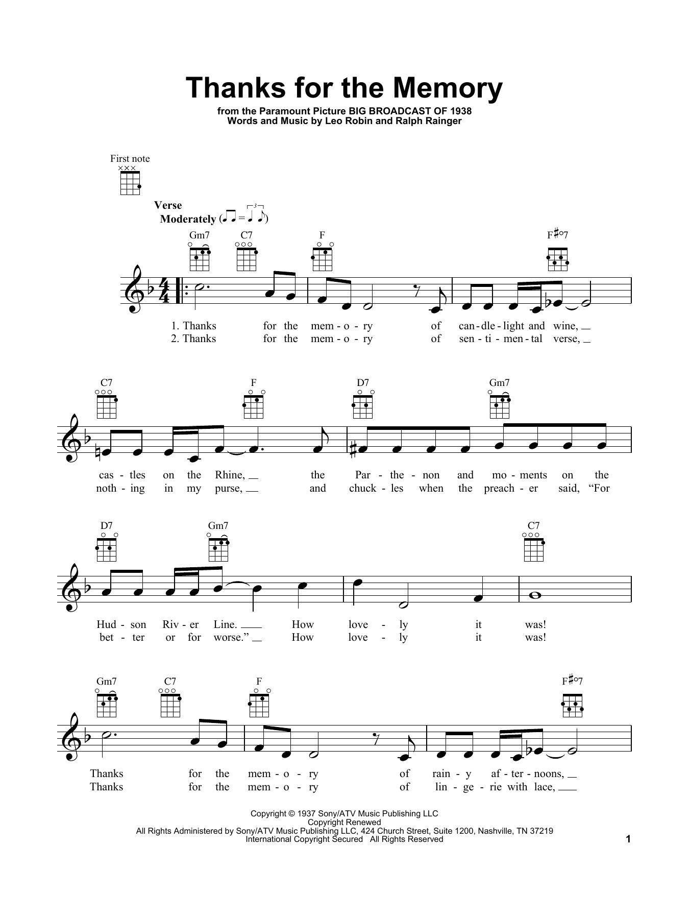 Learn to play Leo Robin Thanks For The Memory sheet music for Ukulele in minutes. Price: 5.9900$ Leo Robin Thanks For The Memory sheet music notes and chords arranged for Ukulele
