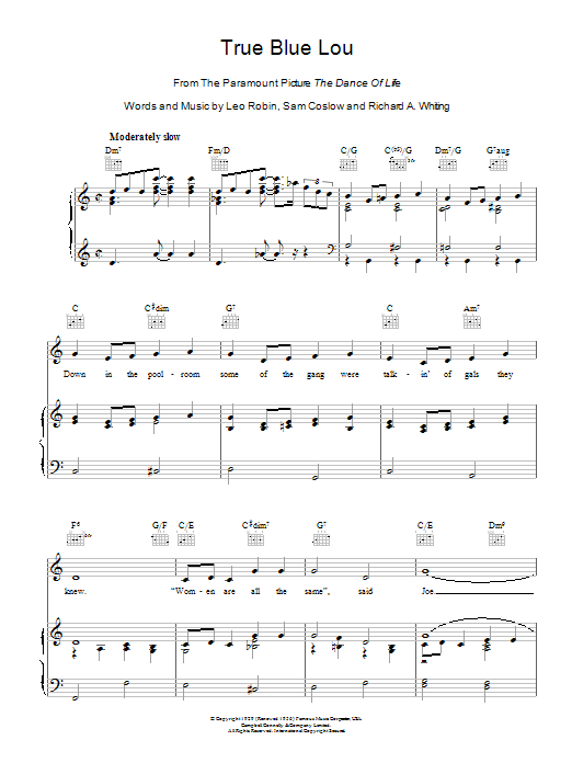 Learn to play Leo Robin True Blue Lou sheet music for Piano, Vocal & Guitar Chords in minutes. Price: 7.8900$ Leo Robin True Blue Lou sheet music notes and chords arranged for Piano, Vocal & Guitar Chords