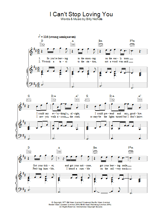 Learn to play Leo Sayer I Can't Stop Loving You sheet music for Piano, Vocal & Guitar Chords in minutes. Price: 7.8900$ Leo Sayer I Can't Stop Loving You sheet music notes and chords arranged for Piano, Vocal & Guitar Chords