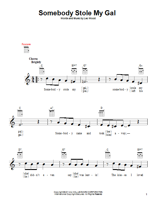Learn to play Leo Wood Somebody Stole My Gal sheet music for Piano, Vocal & Guitar Chords (Right-Hand Melody) in minutes. Price: 7.8900$ Leo Wood Somebody Stole My Gal sheet music notes and chords arranged for Piano, Vocal & Guitar Chords (Right-Hand Melody)