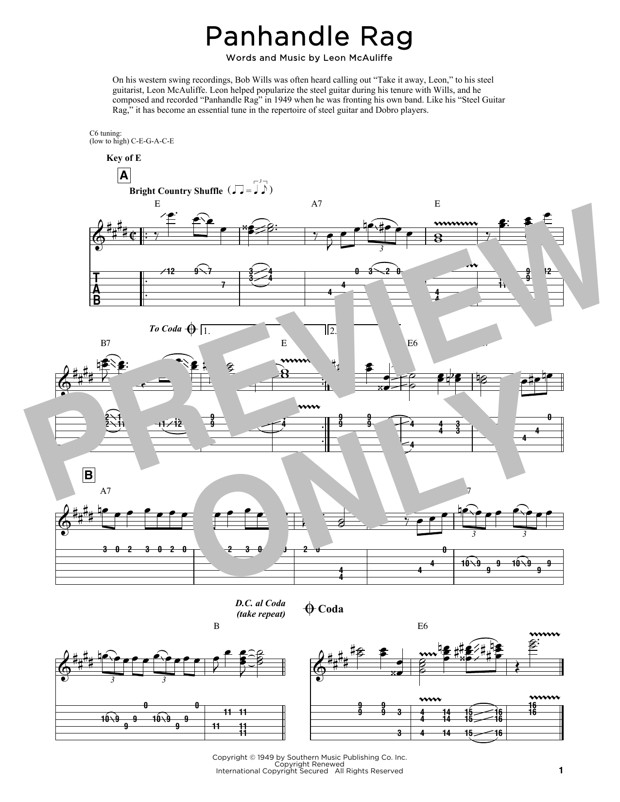 Leon McAuliffe Panhandle Rag sheet music notes and chords. Download Printable PDF.