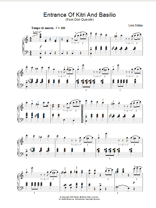 Learn to play Leon Minkus Entrance Of Kitri And Basilio (from Don Quixote) sheet music for Piano Solo in minutes. Price: 7.8900$ Leon Minkus Entrance Of Kitri And Basilio (from Don Quixote) sheet music notes and chords arranged for Piano Solo