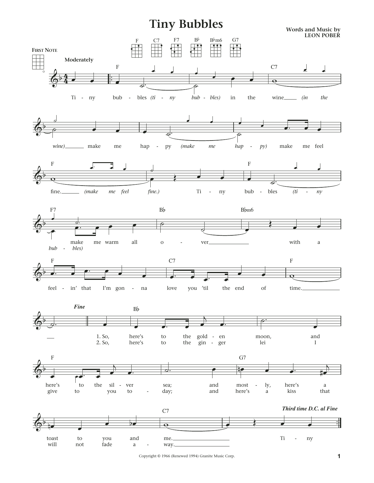 Learn to play Leon Pober Tiny Bubbles (from The Daily Ukulele) (arr. Liz and Jim Beloff) sheet music for Ukulele in minutes. Price: 5.9900$ Leon Pober Tiny Bubbles (from The Daily Ukulele) (arr. Liz and Jim Beloff) sheet music notes and chords arranged for Ukulele
