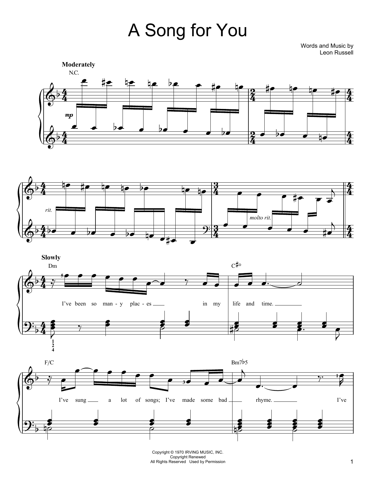 Leon Russell A Song For You sheet music notes and chords. Download Printable PDF.