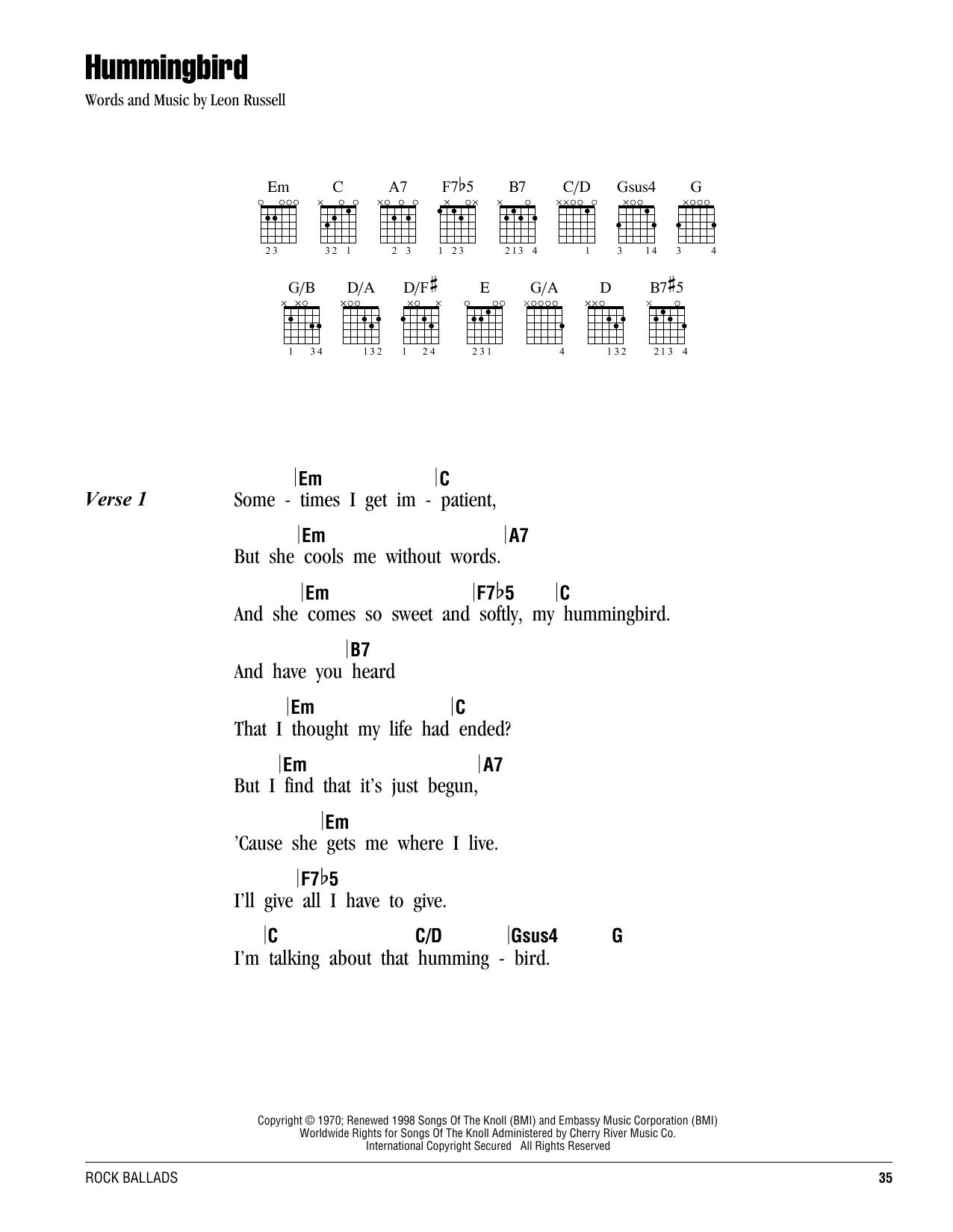 Leon Russell Hummingbird sheet music notes and chords arranged for Piano, Vocal & Guitar Chords (Right-Hand Melody)