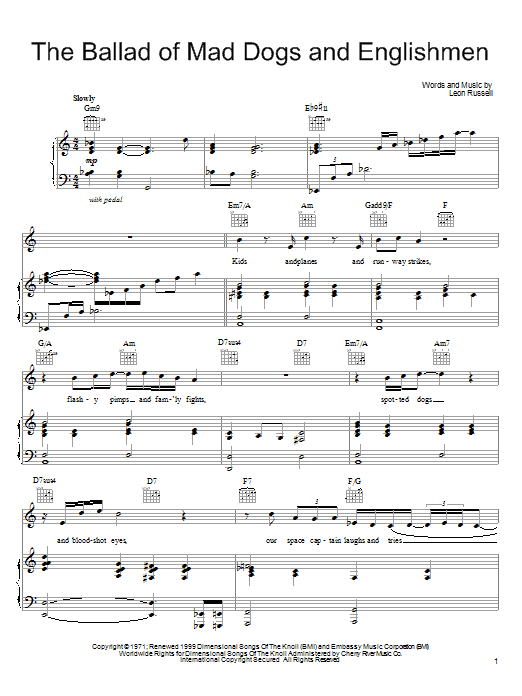 Leon Russell The Ballad Of Mad Dogs And Englishmen sheet music notes and chords arranged for Piano, Vocal & Guitar Chords (Right-Hand Melody)