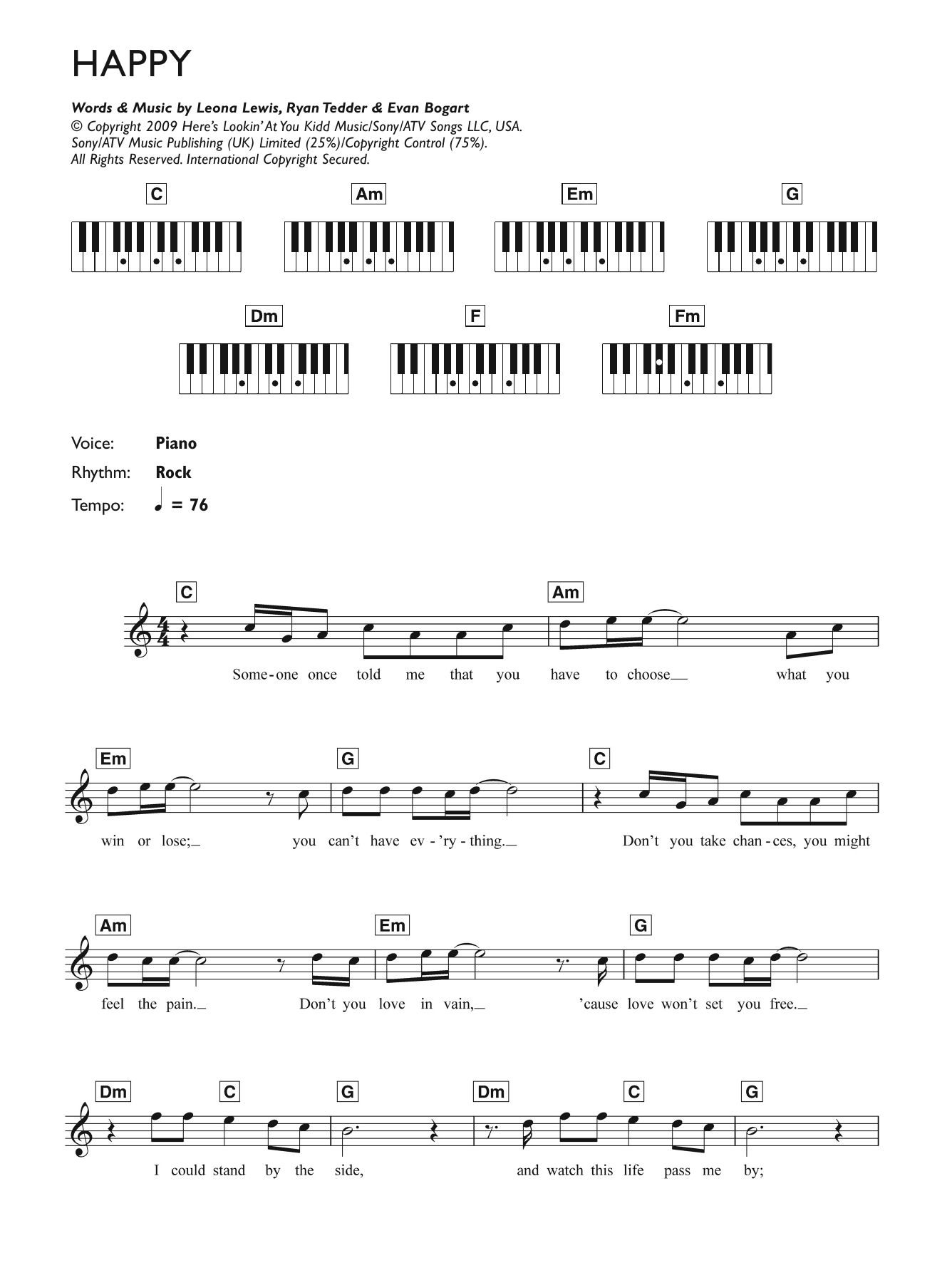 Leona Lewis Happy sheet music notes and chords arranged for Piano Chords/Lyrics