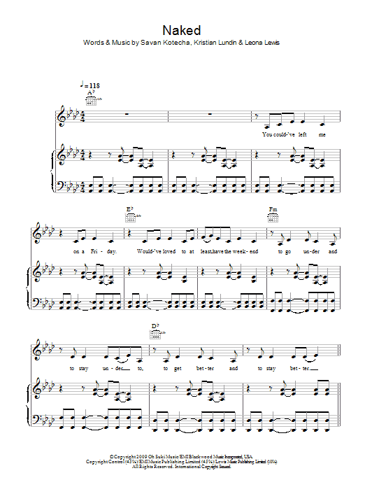 Learn to play Leona Lewis Naked sheet music for Piano, Vocal & Guitar Chords in minutes. Price: 7.8900$ Leona Lewis Naked sheet music notes and chords arranged for Piano, Vocal & Guitar Chords