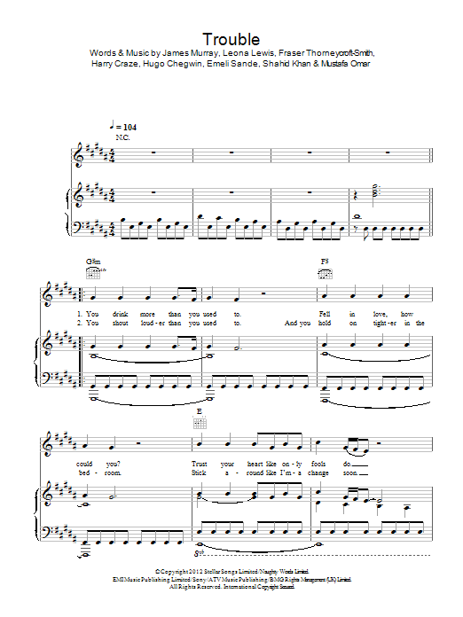Learn to play Leona Lewis Trouble sheet music for Piano, Vocal & Guitar Chords in minutes. Price: 7.8900$ Leona Lewis Trouble sheet music notes and chords arranged for Piano, Vocal & Guitar Chords