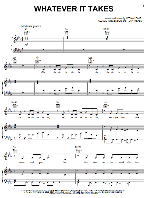 Leona Lewis Whatever It Takes sheet music notes and chords arranged for Piano, Vocal & Guitar Chords (Right-Hand Melody)