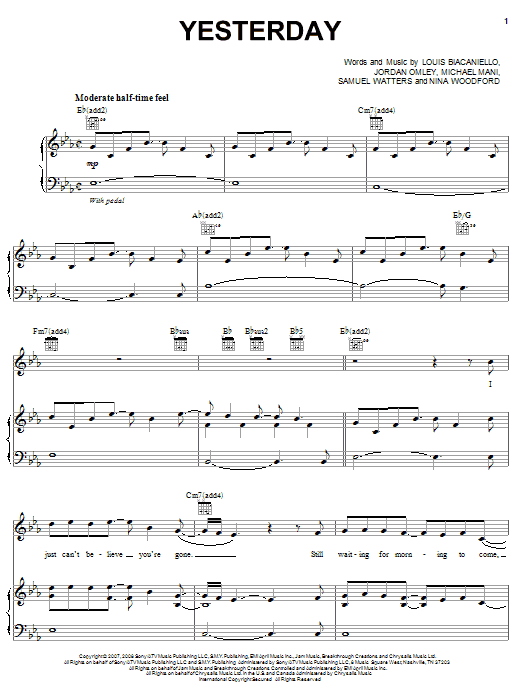 Leona Lewis Yesterday sheet music notes and chords arranged for Piano, Vocal & Guitar Chords (Right-Hand Melody)