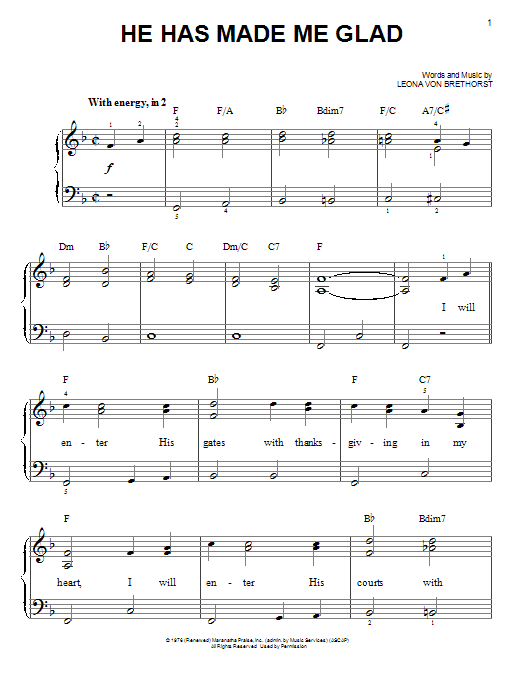 Learn to play Leona Von Brethorst He Has Made Me Glad sheet music for Easy Piano in minutes. Price: 6.9900$ Leona Von Brethorst He Has Made Me Glad sheet music notes and chords arranged for Easy Piano