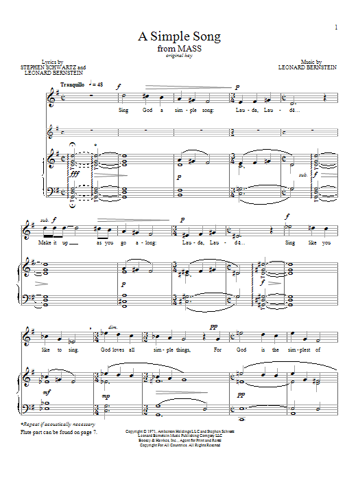 Leonard Bernstein A Simple Song sheet music notes and chords arranged for Piano & Vocal