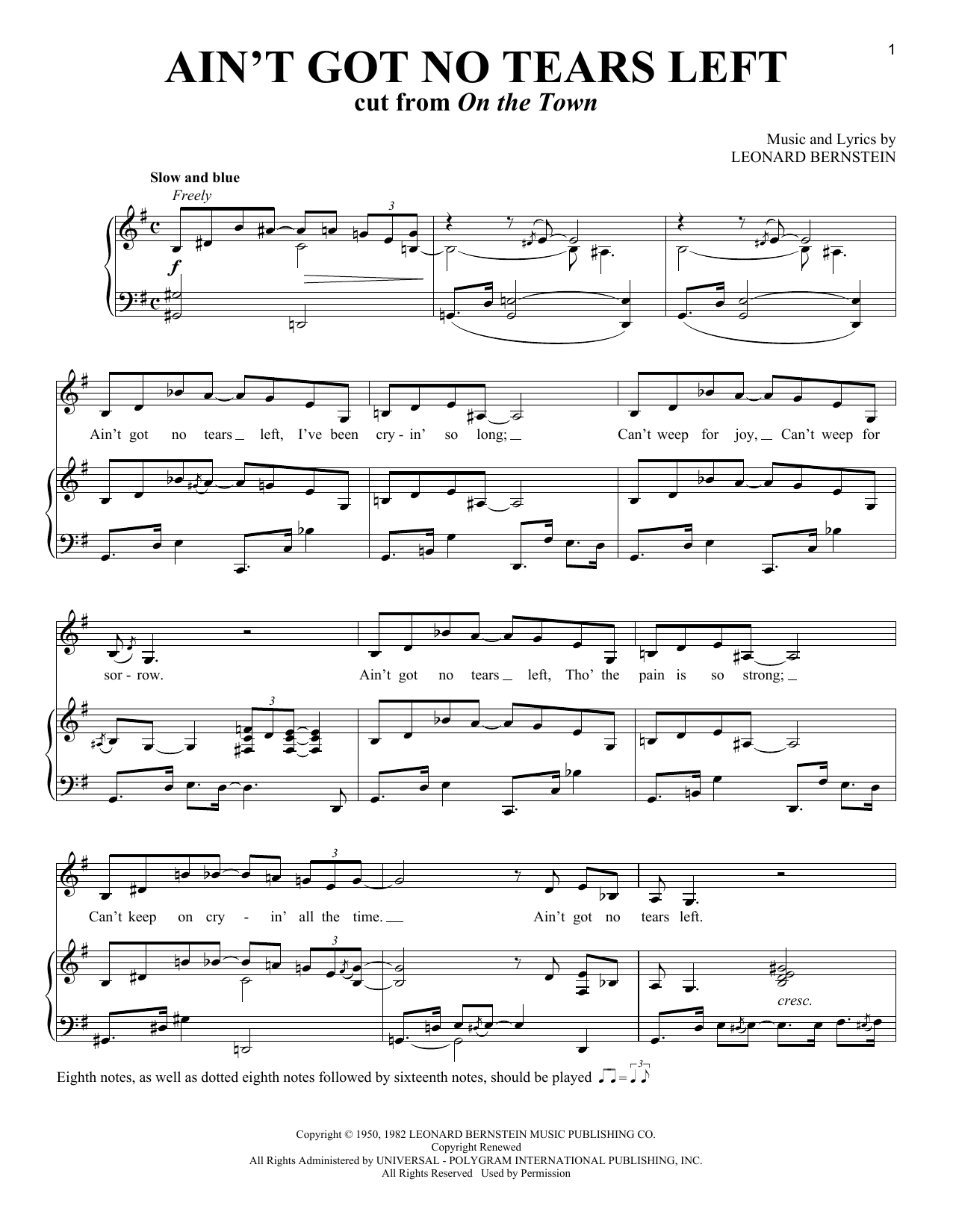 Leonard Bernstein Ain't Got No Tears Left (from On the Town) sheet music notes and chords. Download Printable PDF.