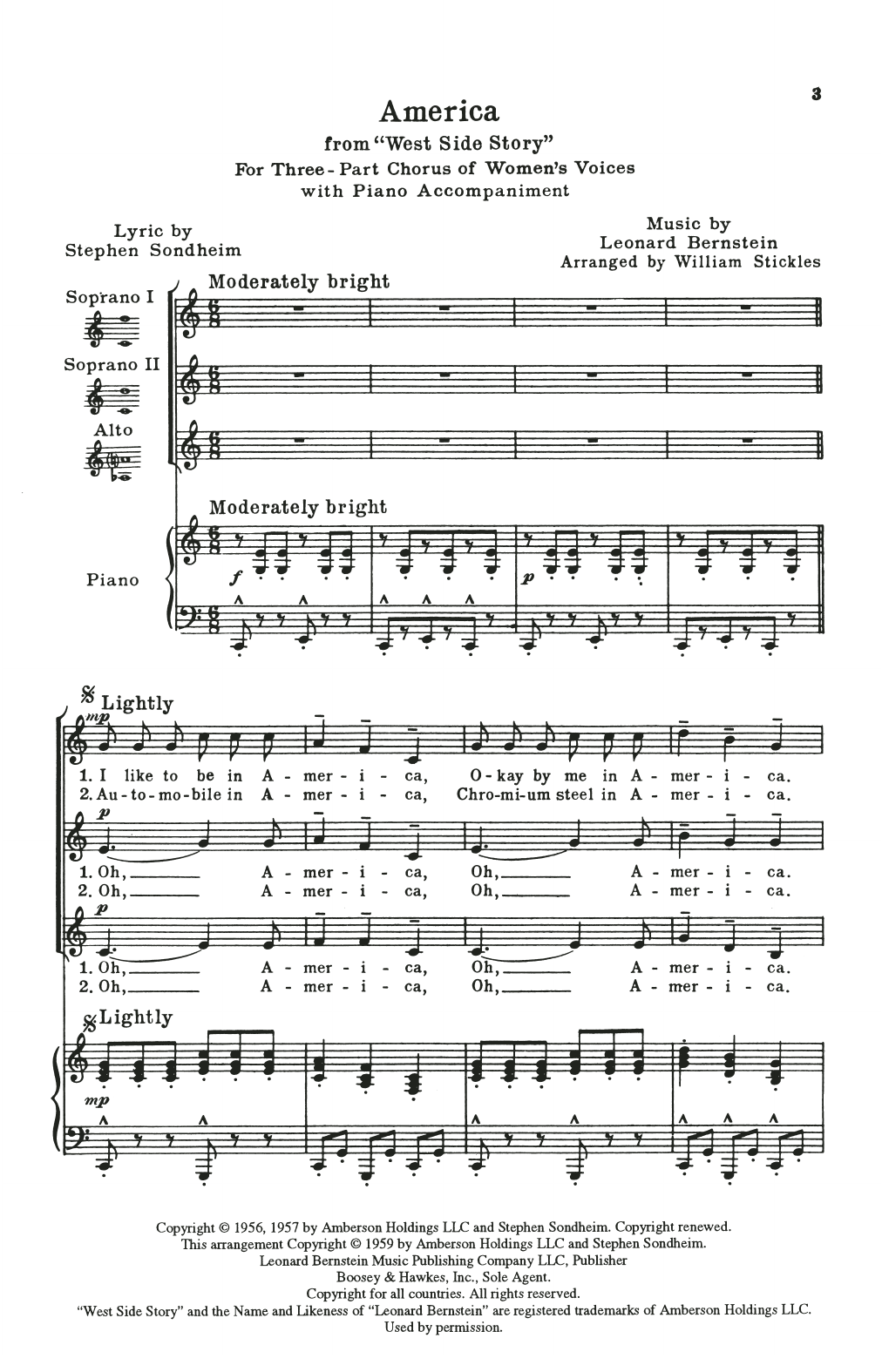Learn to play Leonard Bernstein America (from West Side Story) (arr. William Stickles) sheet music for SSA Choir in minutes. Price: 3.9900$ Leonard Bernstein America (from West Side Story) (arr. William Stickles) sheet music notes and chords arranged for SSA Choir