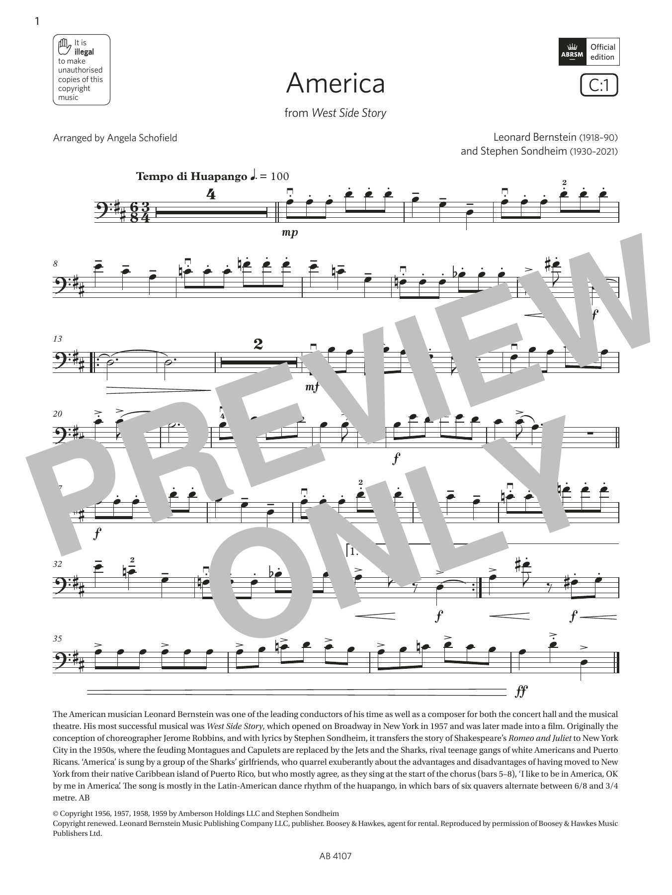 Leonard Bernstein America (Grade 4, C1, from the ABRSM Cello Syllabus from 2024) sheet music notes and chords. Download Printable PDF.