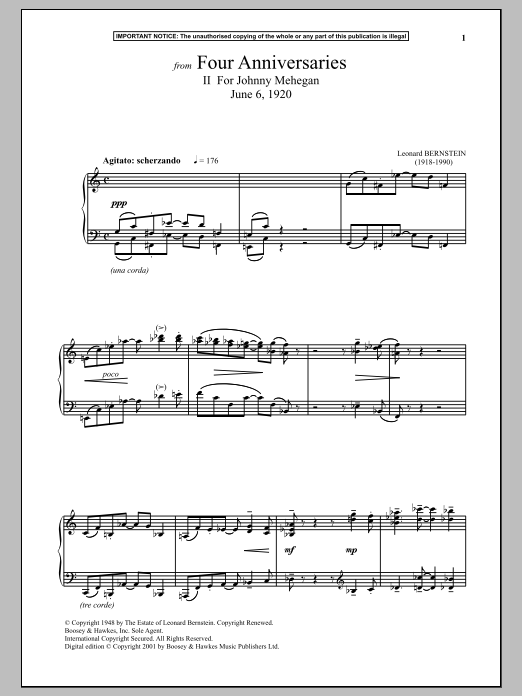 Learn to play Leonard Bernstein Four Anniversaries, II. For Johnny Mehegan, June 6, 1920 sheet music for Piano Solo in minutes. Price: 7.8900$ Leonard Bernstein Four Anniversaries, II. For Johnny Mehegan, June 6, 1920 sheet music notes and chords arranged for Piano Solo