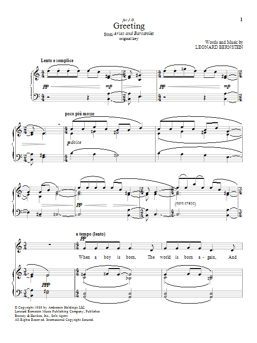 Learn to play Leonard Bernstein Greeting sheet music for Piano & Vocal in minutes. Price: 7.8900$ Leonard Bernstein Greeting sheet music notes and chords arranged for Piano & Vocal