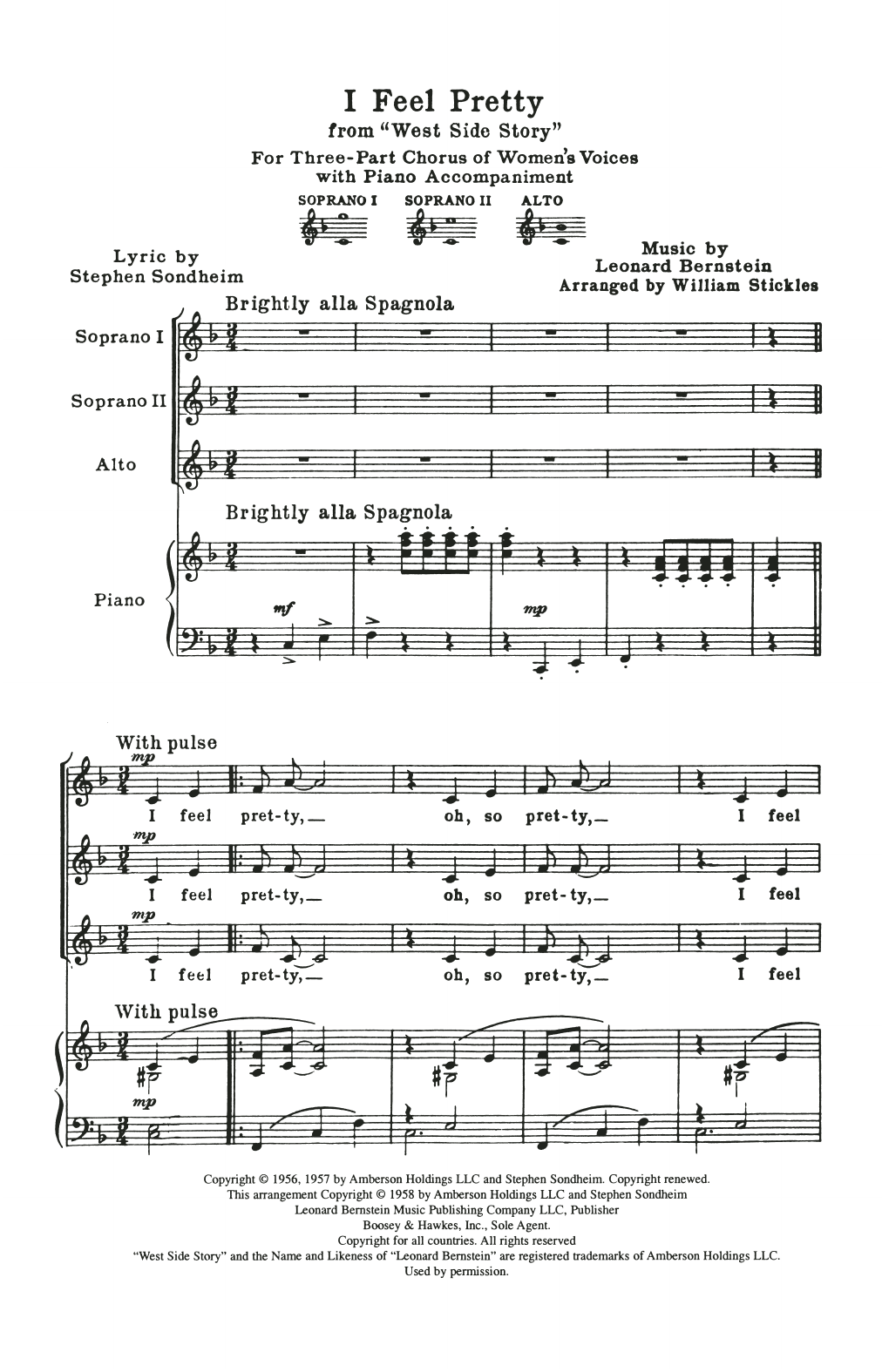 Learn to play Leonard Bernstein I Feel Pretty (from West Side Story) (arr. William Stickles) sheet music for SSA Choir in minutes. Price: 3.9900$ Leonard Bernstein I Feel Pretty (from West Side Story) (arr. William Stickles) sheet music notes and chords arranged for SSA Choir