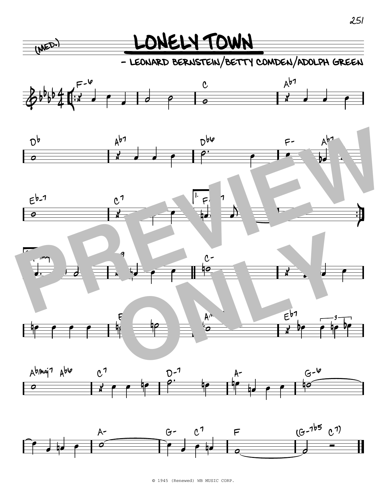 Learn to play Leonard Bernstein Lonely Town sheet music for Real Book – Melody & Chords in minutes. Price: 5.9900$ Leonard Bernstein Lonely Town sheet music notes and chords arranged for Real Book – Melody & Chords